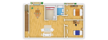 A floor plan of a house with a kitchen, living room, dining room, and two bedrooms.