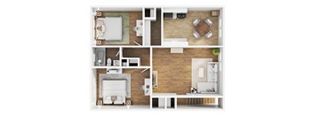 A top-down view of a modern apartment layout with a living room, kitchen, and two bedrooms.