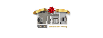 A 3D floor plan of a house with a red bow and gold ribbon above it and a banner below that says "Limited-Time Pricing!".