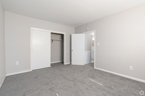 A room with two white doors and a carpeted floor.