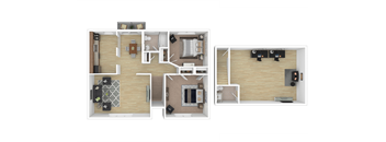 A floor plan of a house with three bedrooms, a living room, a kitchen, and a bathroom.