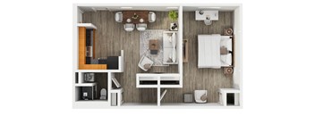 A top-down view of a modern, minimalist bedroom with a bed, desk, and chair.