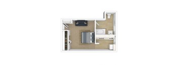 a floor plan of a studio apartment with a bedroom and a living room