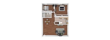 A top down view of a living room, kitchen, and bathroom.