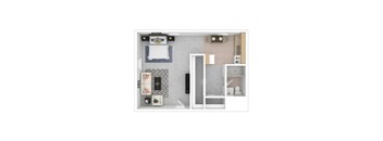 A top-down view of a small, neatly organized apartment with a bed, a couch, a chair, a small table, a refrigerator, a microwave, a sink, and a toilet.
