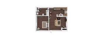 A top down view of a living room and kitchen area.
