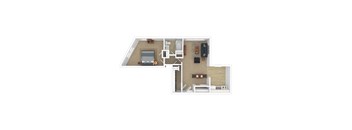 A top down view of a small apartment with a bedroom, living room, and kitchen.