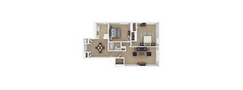 A top down view of a small apartment with a kitchen, living room, and bedroom.