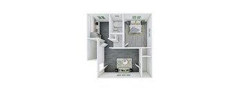 A small white room with a bed and a grey wall.