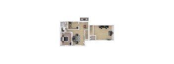A floor plan of a house with a kitchen, living room, and two bedrooms.
