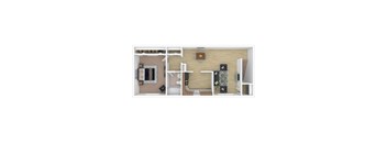 A floor plan of a small apartment with a kitchen, living room, and bathroom.