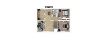 A floor plan of a house with a living room, kitchen, and two bedrooms.
