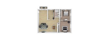A top-down view of a house layout with a living room, kitchen, and bedrooms.