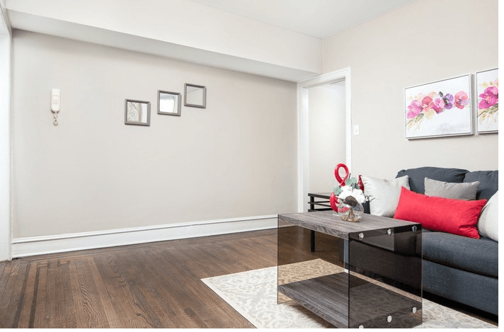 a living room with a couch and a coffee table