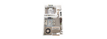 A top down view of a living room with a couch, coffee table, and a rug.