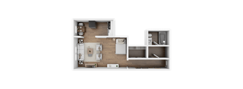 A 3D floor plan of a house layout.