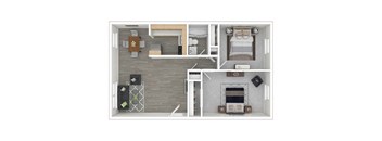 A floor plan of a small apartment with a kitchen, living room, and bathroom.