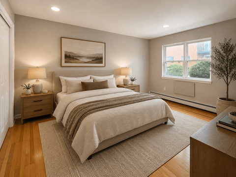 A bedroom with a large bed and a painting on the wall.