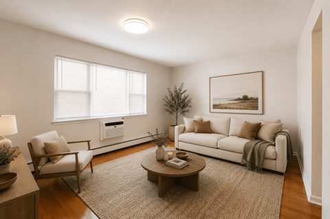 A living room with a couch, chair, and coffee table.