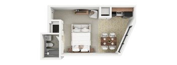 A small bedroom with a bed, nightstand, and a small kitchenette.