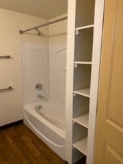 a white bathroom with a white shower and shelves