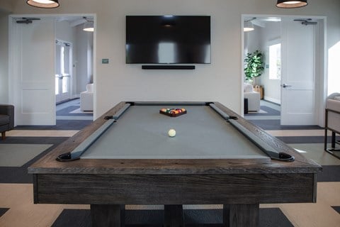 a pool table in a living room with a tv on the wall