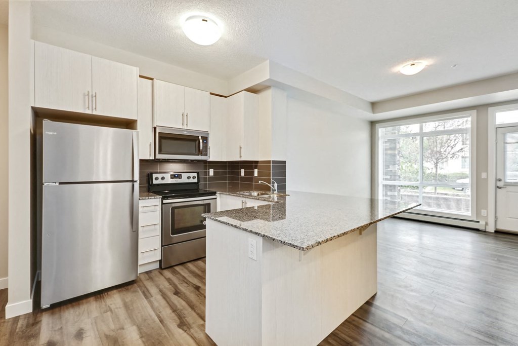 a kitchen with stainless steel appliances and a marble counter top