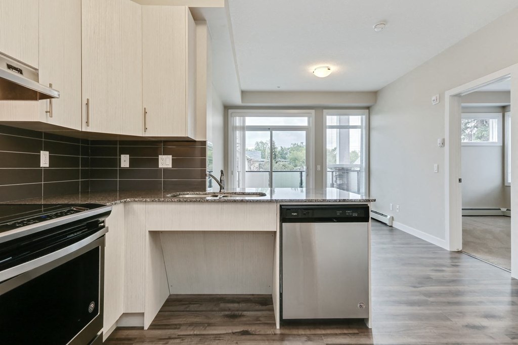 a kitchen with a counter top and a sink