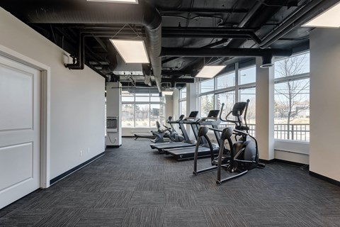 a gym with cardio machines and windows at the district flats apartments in long island city