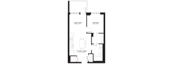 A floor plan of a small apartment with a living room, bedroom, and kitchen/dining area.