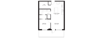A floor plan of a small apartment with a den, kitchen/dining area, and two bedrooms.