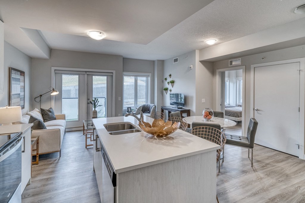 ! bedroom apartment kitchen and living area