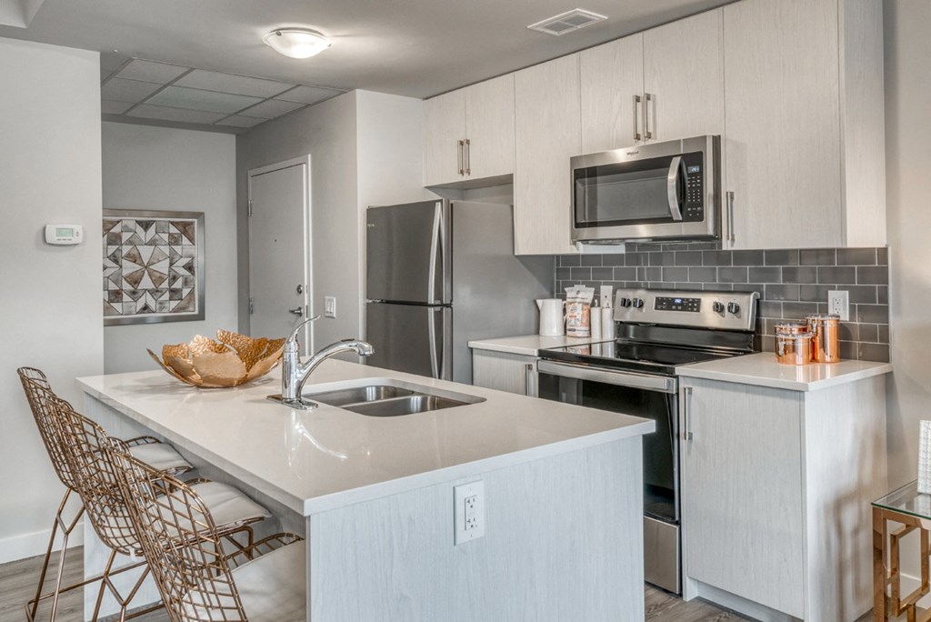 2 bedroom kitchen with a white counter top and stainless steel appliances