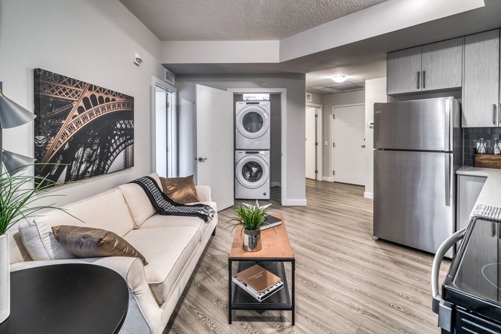 Living area of Single Bedroom Apartment, with ensuite laundry