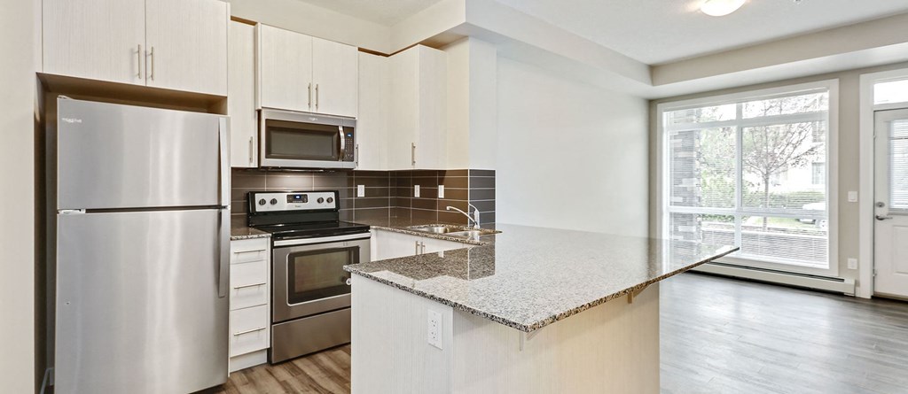 a kitchen with stainless steel appliances and a granite counter top