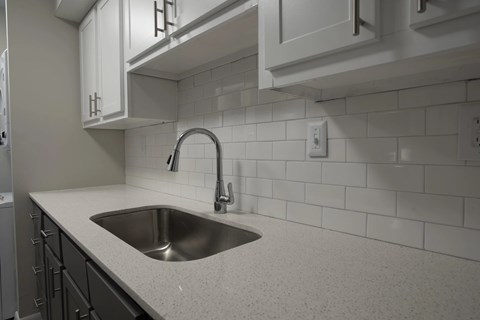 A kitchen with a sink and a faucet.