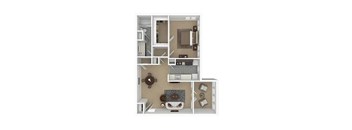 A floor plan of a small apartment with a kitchen, living room, and bathroom.
