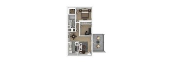 A white floor plan of an apartment with a kitchen, living room, and bathroom.
