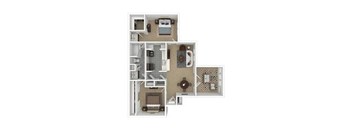 A floor plan of a small apartment with a kitchen, living room, and bathroom.