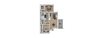 A floor plan of a house with a kitchen, living room, and two bedrooms.