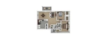 A floor plan of a small apartment with a kitchen, living room, and bathroom.