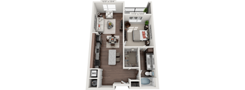 A 3D floor plan of a small apartment with a living room, kitchen, and bathroom.