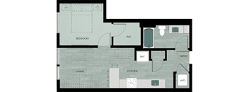 A floor plan of a house with a bedroom, living room, kitchen, and bathroom.
