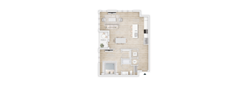 A floor plan of a house with a living room, two bedrooms, a bathroom, a kitchen, a porch, and a den.