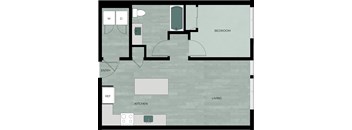 A floor plan of a house with a kitchen, living room, and bedroom.