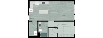 A floor plan of a house with a kitchen, living room, bedroom, and bathroom.