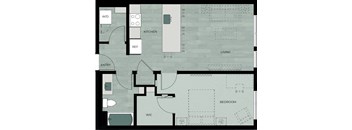 A floor plan of a house with a kitchen, living room, and bedroom.