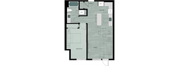 A floor plan of a house with a kitchen, living room, bedroom and bathroom.