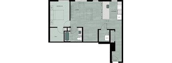 A floor plan of a house with a living room, kitchen, bedroom, and bathroom.