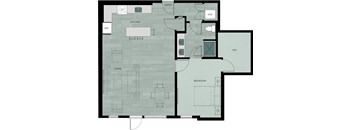 A floor plan of a house with a kitchen, living room, and bedroom.